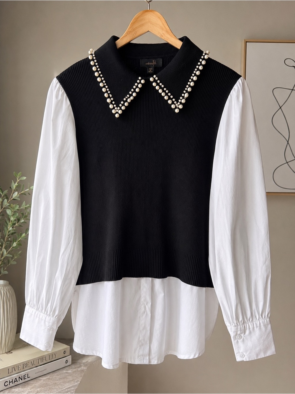 Ontwelfth Pearl Embellished Collar Layered Sweater Blouse Large
